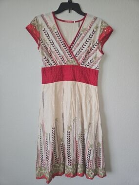 Flower Beige Red Floral V-Neck Empire Waist Boho Chic Cotton Midi Dress L